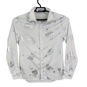 Mens Zeroyaa White & Metallic Silver Floral Shirt Long Sleeve Button Up Size S
